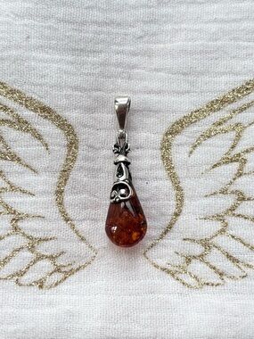 Sterling Silver Teardrop Amber Pendant Necklace - Baltic Amber Brown